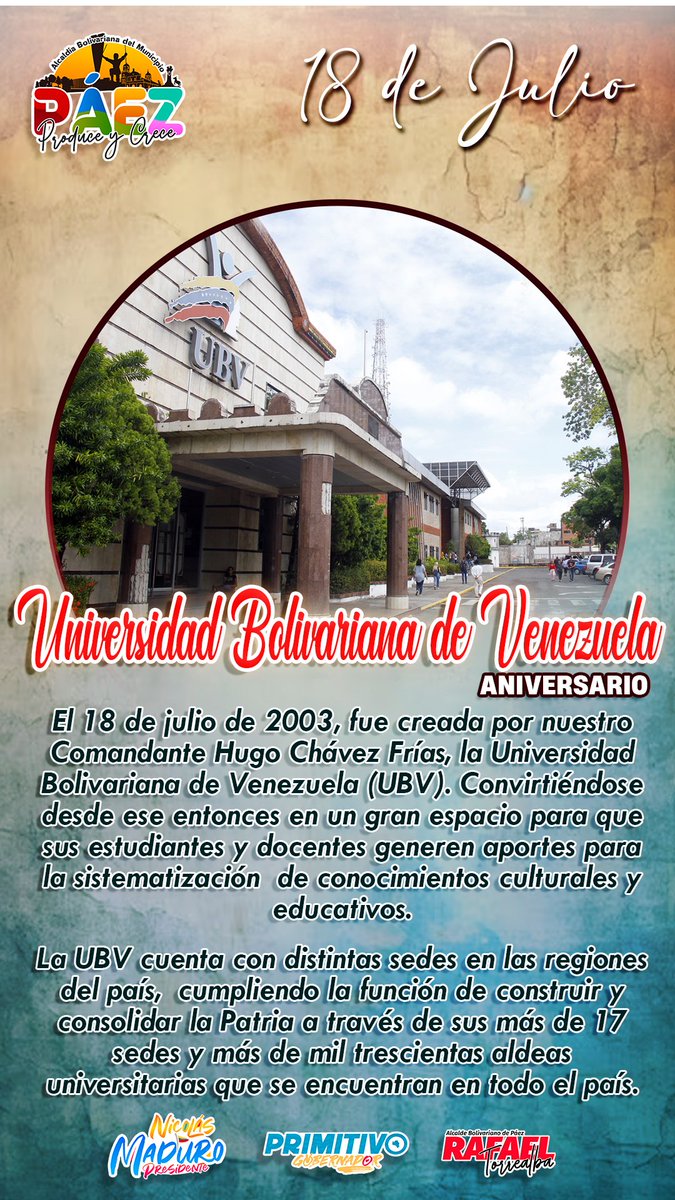 #18JUL En el 2003, fue creada por nuestro Comandante Hugo Chávez Frías, la Universidad Bolivariana de Venezuela (UBV). Convirtiéndose en un gran espacio para que sus estudiantes y docentes generen aportes para la sistematización  de conocimientos culturales y educativos.
