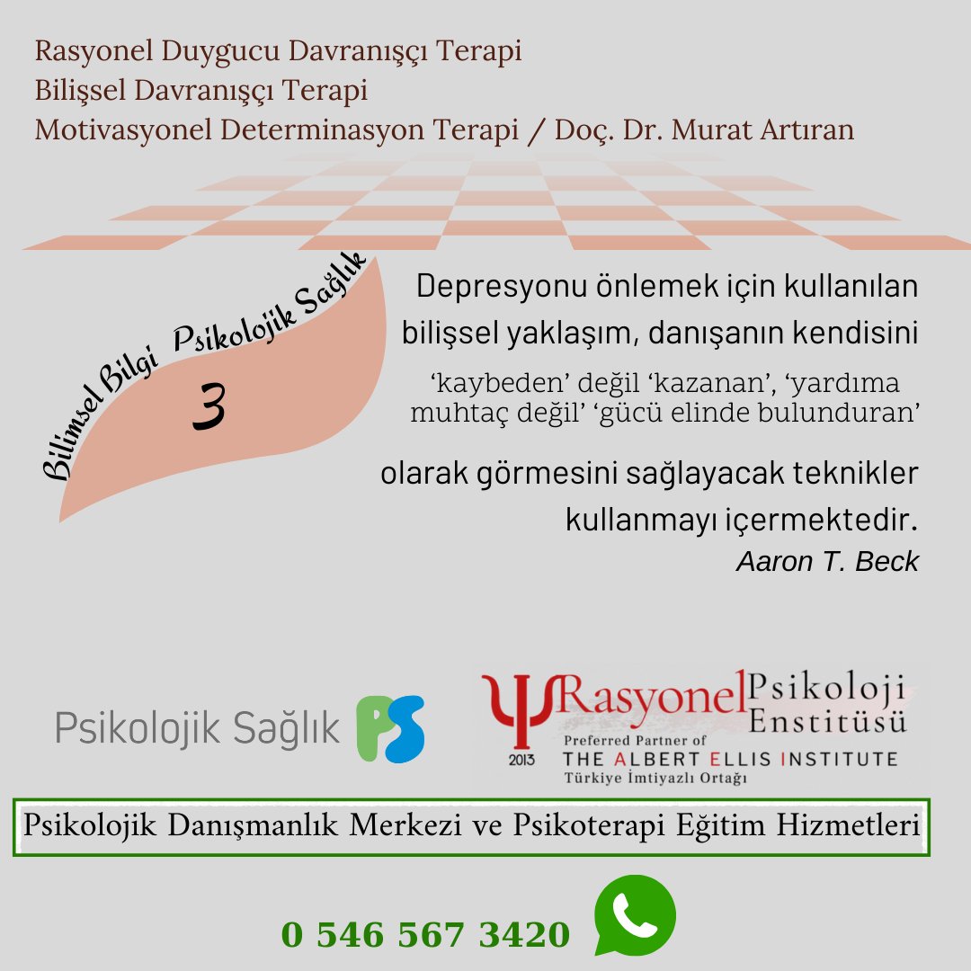 Depresyonu önlemek için kullanılan Bilimsel Yaklaşım, danışanın 'kaybeden değil kazanan, yardıma muhtaç değil gücü elinde bulundaran' olarak görmesini sağlayacak teknikler kullanmayı içermektedir. Aaron T. Beck
#onlineterapi #onlinepsikolojikdanışmanlık #rasyonelpsikoloji