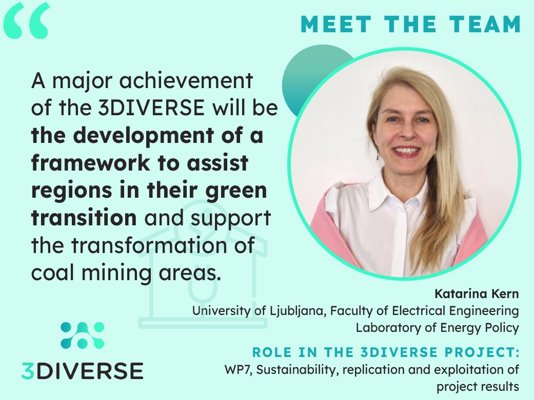 🌟Introducing the #3DiVERSE Team 🌟
Meet Katarina Kern from UL FE, Laboratory of Energy Policy. She focuses on service replication and the further application of the 3DIVERSE approach to help regions in their #greentransition and the #transformation of coal mining areas. 🌍💡