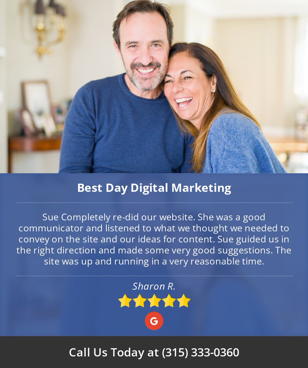 5 Star: Sharon R. "Sue Completely re-did our website.  She was a good communicator and listened to..."