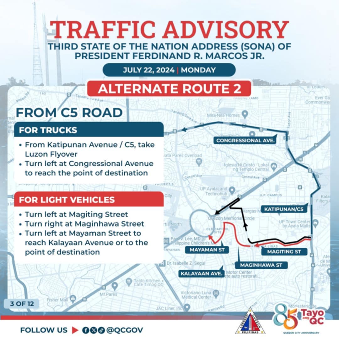 pnagovph's tweet photo. The Quezon City government has advised motorists Thursday (July 18) to use alternate routes as heavy traffic is expected along Commonwealth Avenue and the vicinity of the Batasang Pambansa Complex on Monday (July 22), the 3rd #SONA2024 of Pres. Ferdinand Marcos Jr. @maritamoaje https://t.co/QWKUD0hC1N