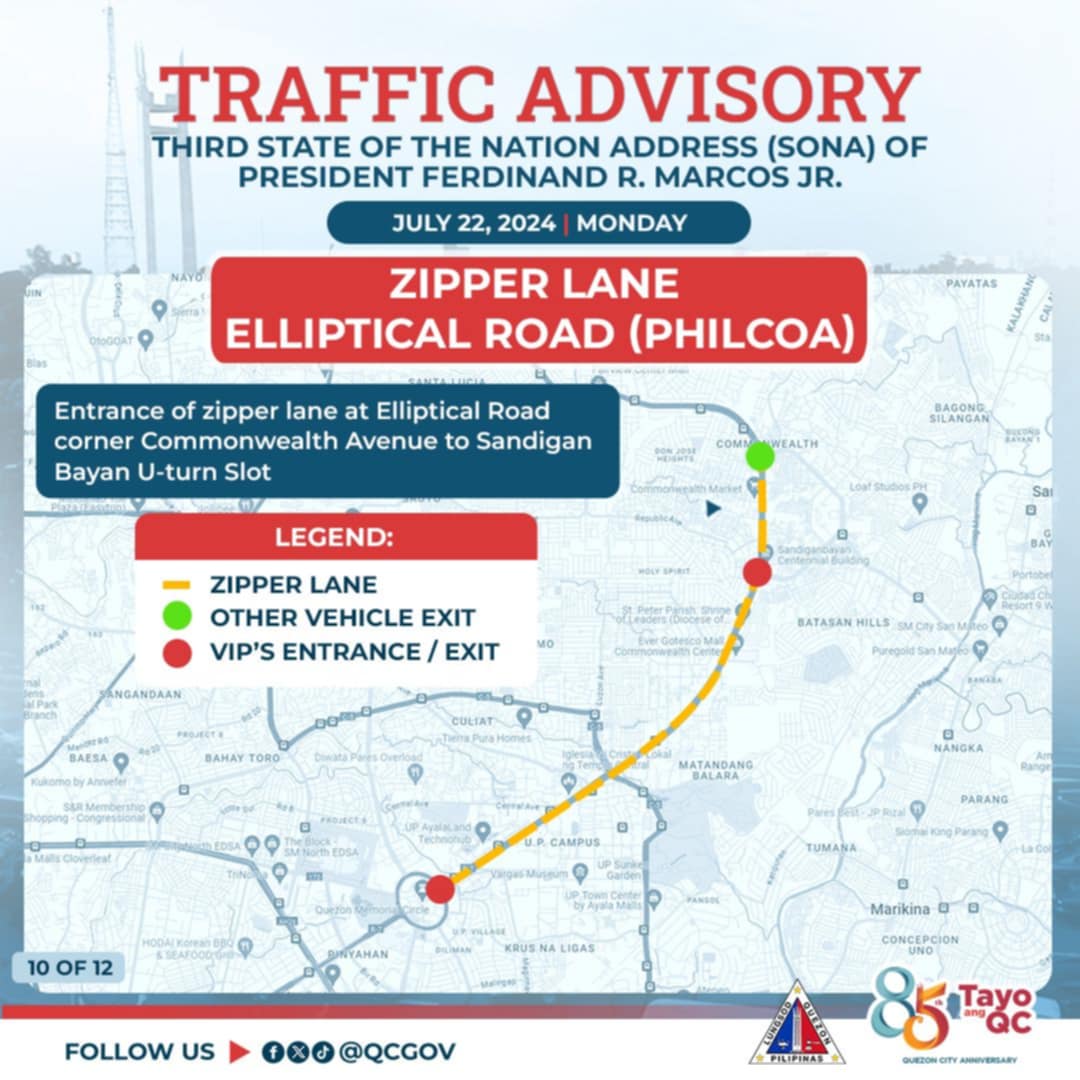 pnagovph's tweet photo. The Quezon City government has advised motorists Thursday (July 18) to use alternate routes as heavy traffic is expected along Commonwealth Avenue and the vicinity of the Batasang Pambansa Complex on Monday (July 22), the 3rd #SONA2024 of Pres. Ferdinand Marcos Jr. @maritamoaje https://t.co/QWKUD0hC1N