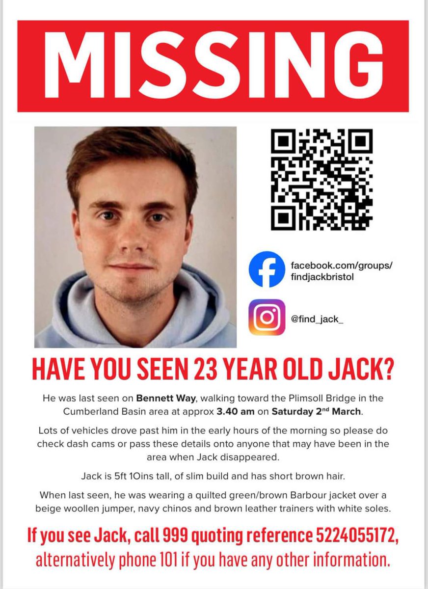 Jack O’Sullivan went missing in Hotwells, Bristol on 2nd March. We have covered his case several times on #BBCBreakfast. His family are friends are understandably desperate for news. #findjack