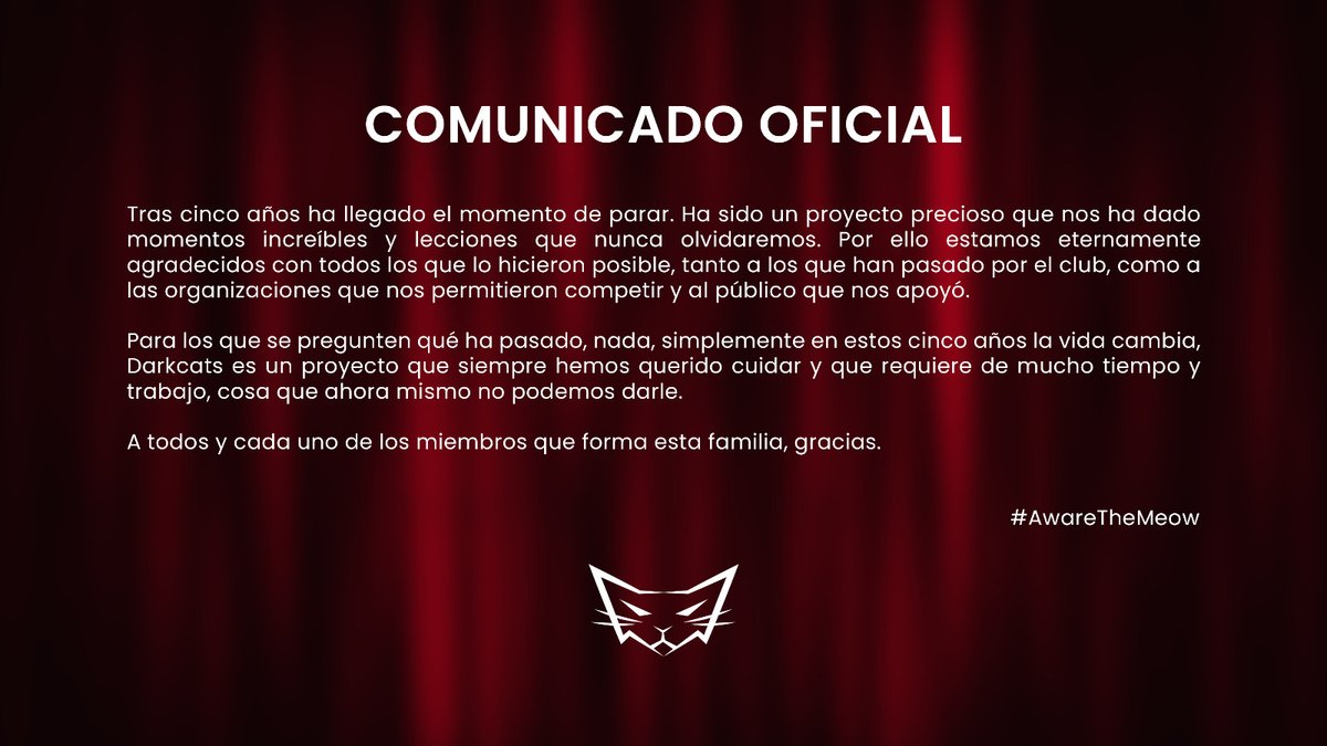 📢 COMUNICADO OFICIAL.

Ha llegado el momento de dar un paso al lado. Muchas gracias a todos.

#AwareTheMeow 😼