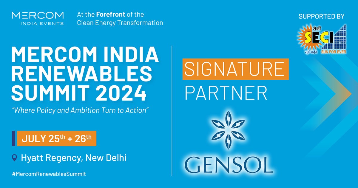 <a href="/GensolGroup/">Gensol Group</a> is one of the signature partners for the Mercom India Renewables Summit - Where Policy and Ambition Turn to Action.
Reserve your seats now to hear what the industry leaders have to say.
mercomindia.com/event/renewabl…
#renewables #MercomRenewablesSummit #EnergySummit