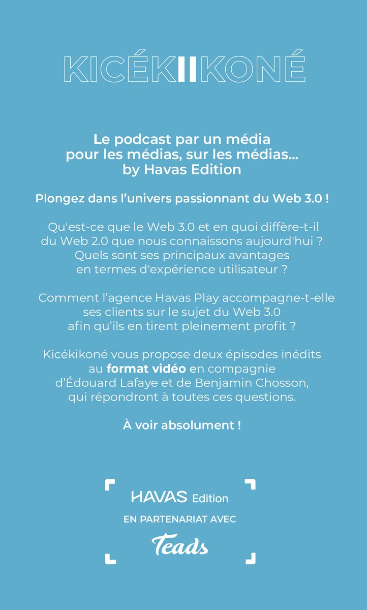 #Kicékikoné by Havas Edition évoque les activités de l'agence et s'accorde aux sujets d'#actu.💡

Dans cet épisode, Edouard Lafaye, COO Web3, et Benjamin Chosson, Lead Practice Web, répondront aux questions que l’on se pose sur le #Web3.🎙️

👉 Lien : havasedition.com/categorie-publ…