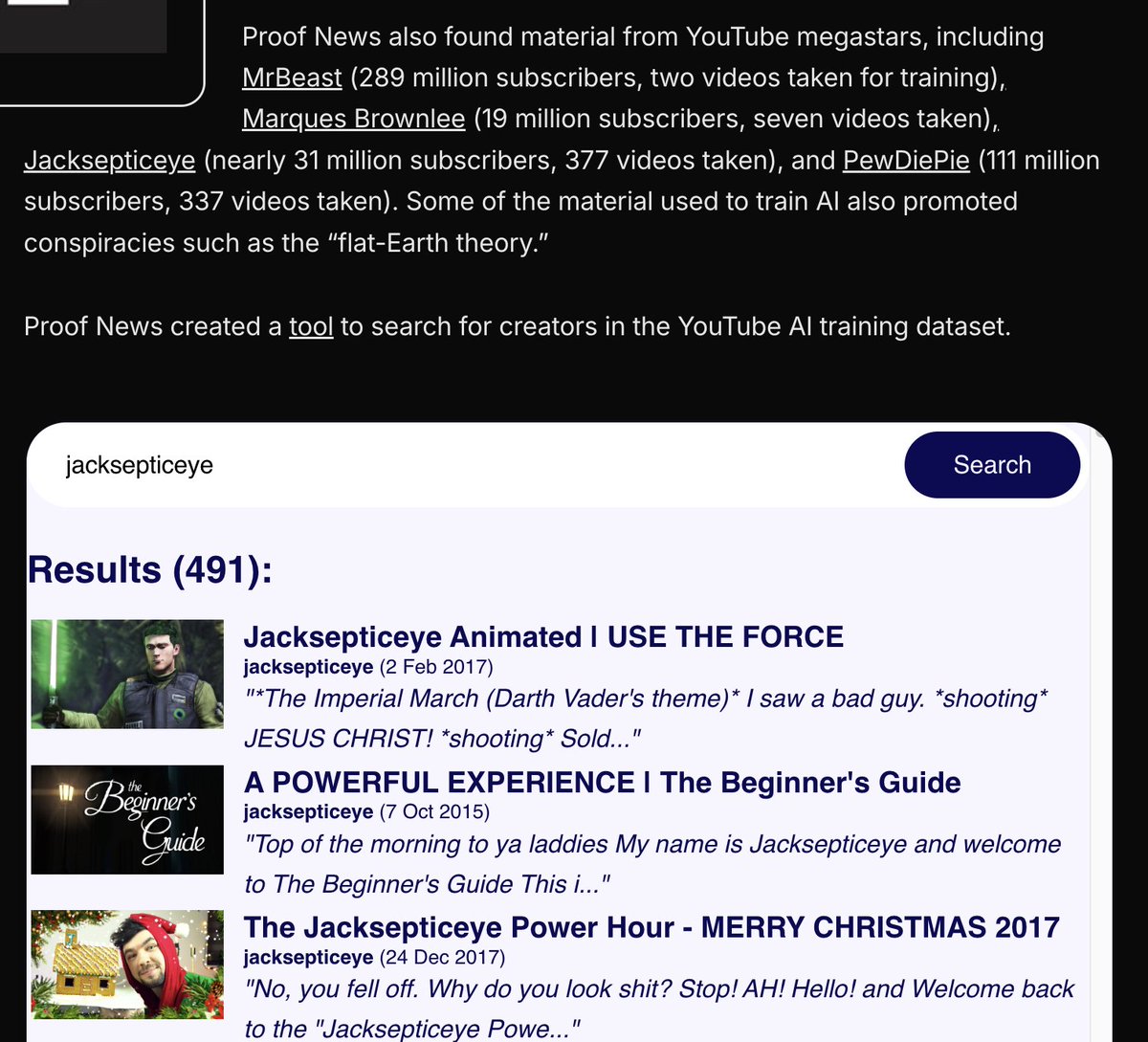 Jacksepticeye's tweet image. This is so fucked! I had no idea my videos were being used like this. According to this article, hundreds of my videos were used to train AI.