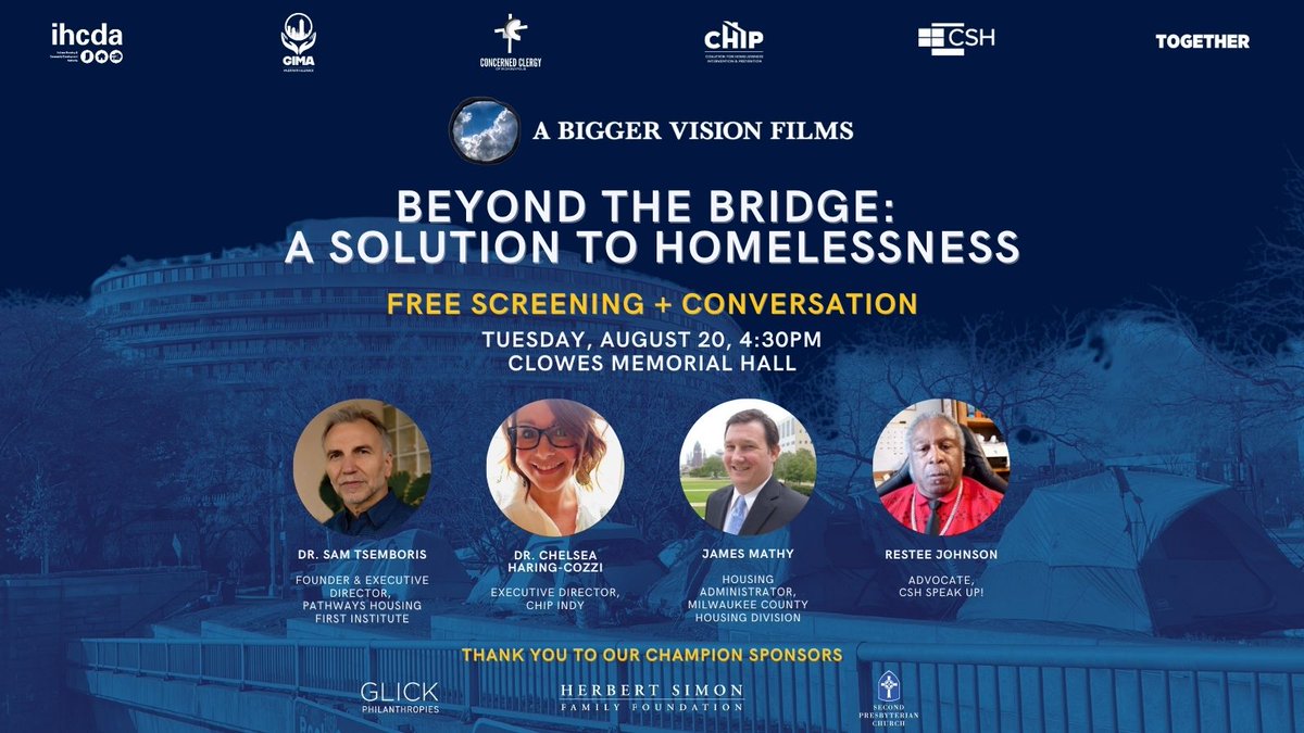 Glick Philanthropies (@glickfoundation) on Twitter photo How can Indianapolis solve homelessness in a comprehensive way? Join us on August 20, 4:30pm, at Clowes Memorial Hall for a FREE screening and Q&A of <a href="/aBVfilms/">a Bigger Vision Films</a> new feature doc BEYOND THE BRIDGE: A Solution to Homelessness. Register here: butlerartscenter.org/performance/be…
#BeyondtheBridge How can Indianapolis solve homelessness in a comprehensive way? Join us on August 20, 4:30pm, at Clowes Memorial Hall for a FREE screening and Q&A of <a href="/aBVfilms/">a Bigger Vision Films</a> new feature doc BEYOND THE BRIDGE: A Solution to Homelessness. Register here: butlerartscenter.org/performance/be…
#BeyondtheBridge
