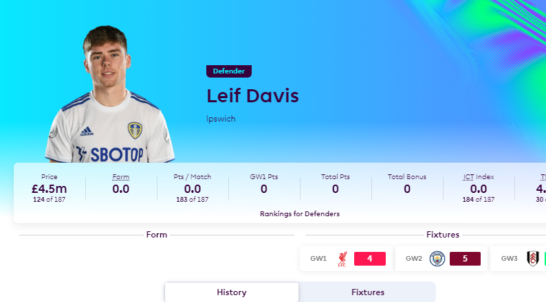 nashernal's tweet image. Interesting to see Leif Davis' profile on Fantasy Premier League #FPLcommunity #LUFC #ITFC #verygooddavis