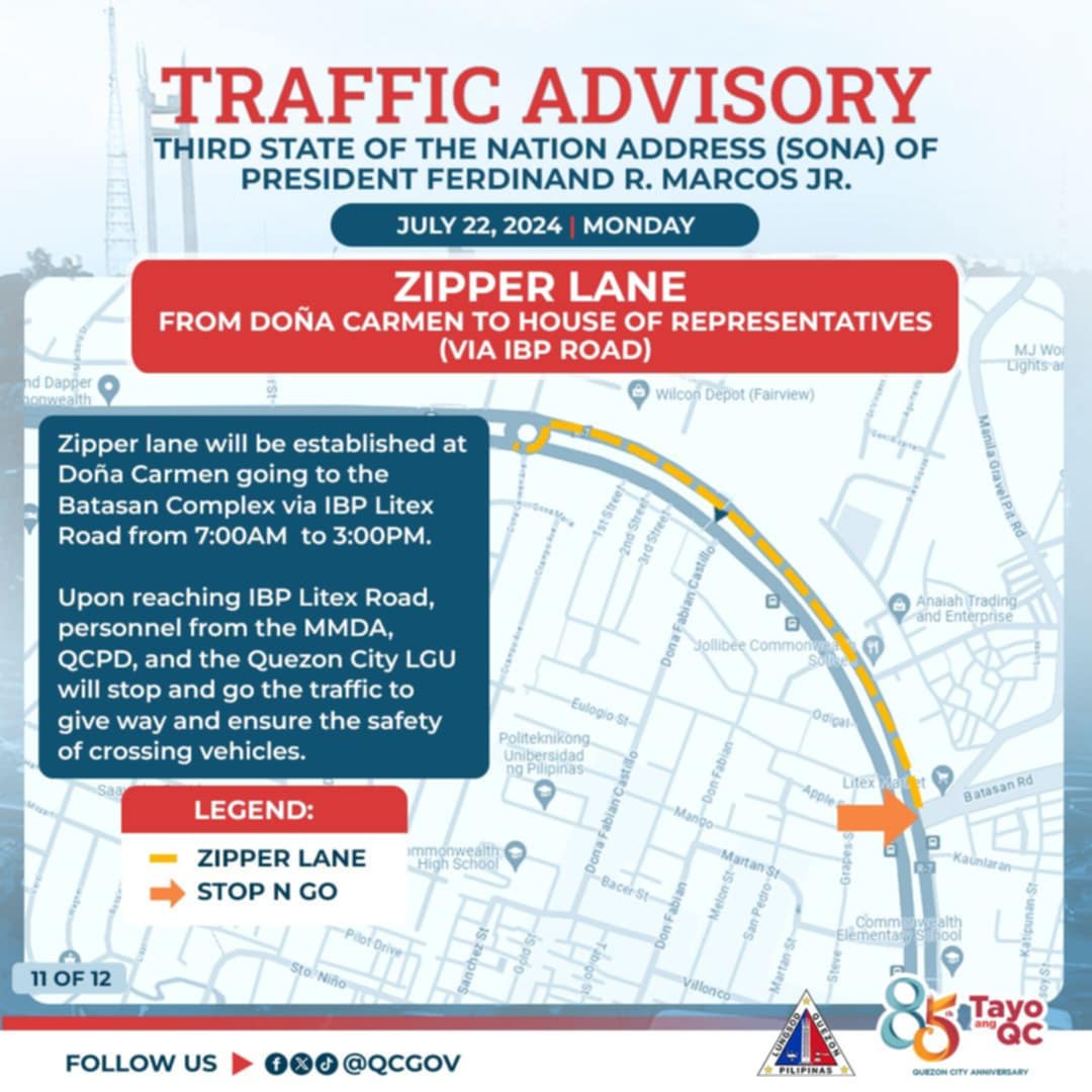 pnagovph's tweet photo. From 8 a.m. on Monday, the Batasan-IBP Road will be closed  traffic as part of the security measure. | @maritamoaje 

#PBBMSona #SONA2024 https://t.co/1W4oPv7kRm