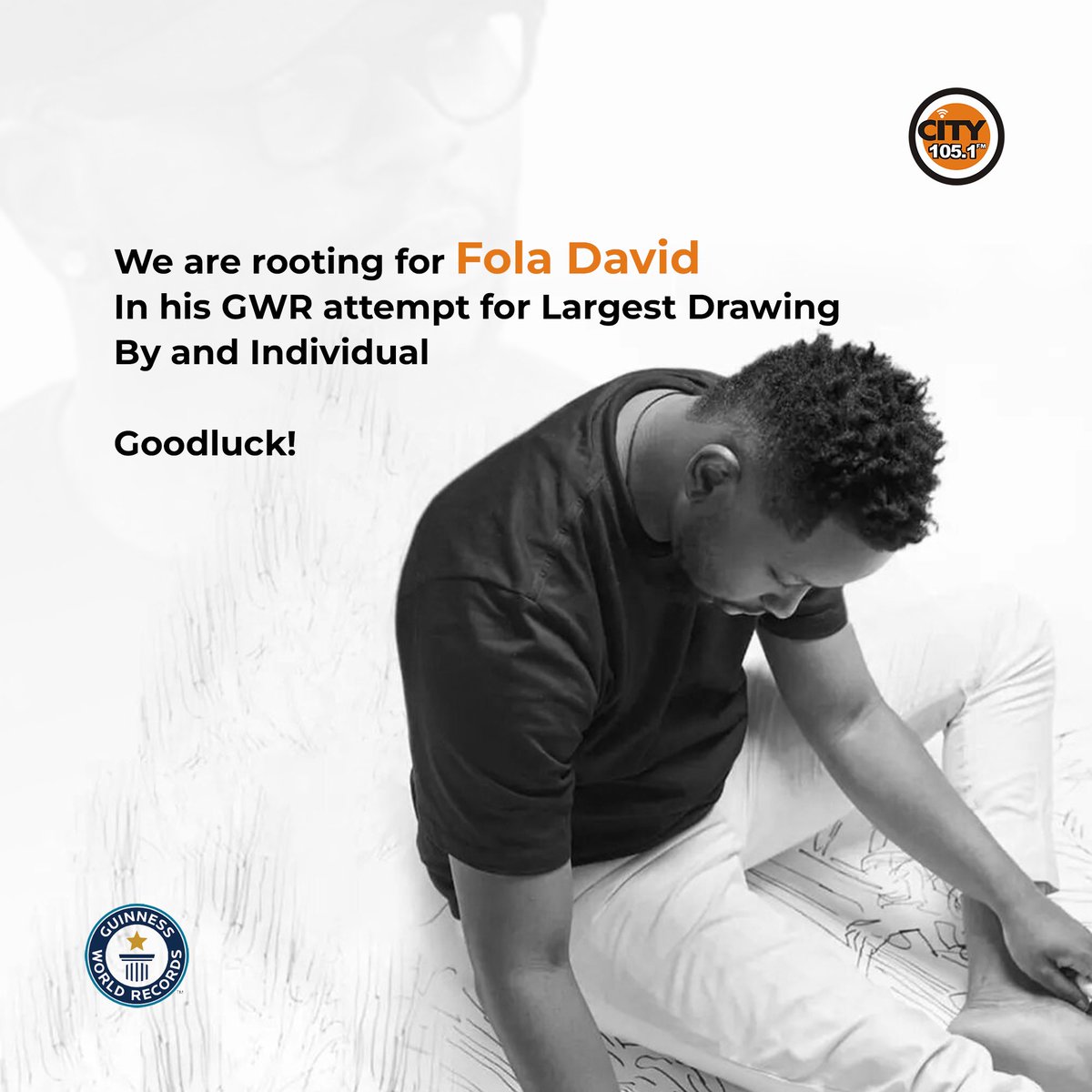 CITY1051's tweet photo. Cheering on @foladavidart as he attempts to break the Guinness World Record for the largest drawing by an individual! 🎨 Keep going strong! 

#FolaDavid #GWR #LargestDrawing #UnityInDiversity https://t.co/LdCXOPrAA7