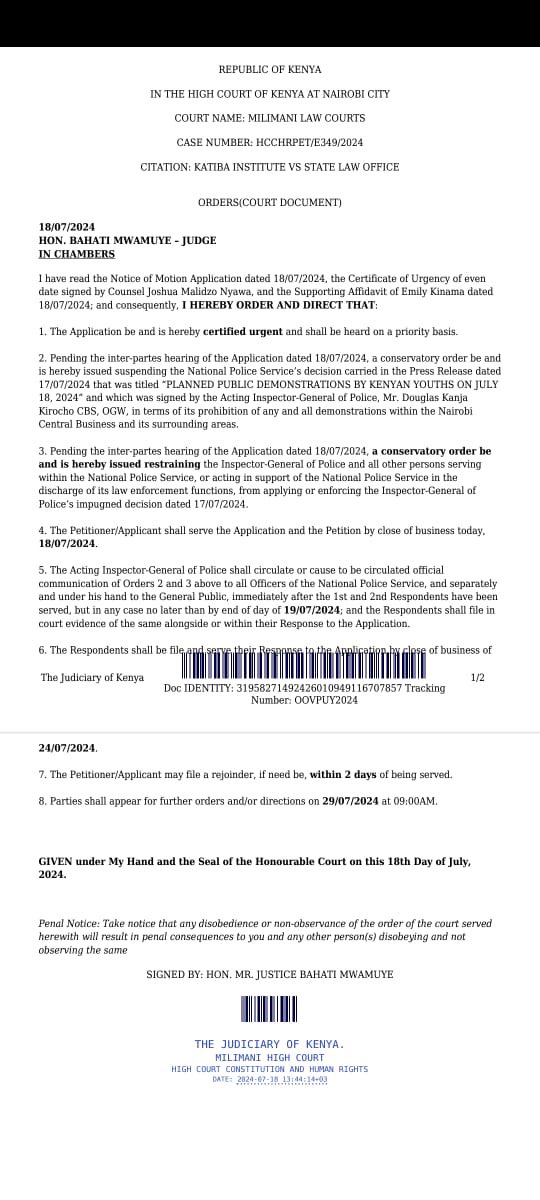 JamesKWaNjeri's tweet photo. The High Court has suspended this illegal and unconstitutional order. In a petition filed by @katibainstitute , the High Court has restrained the police from applying or enforcing this order stoping Kenyans from exercising their human right to demonstrate in the CBD. https://t.co/btkM3YSqNE
