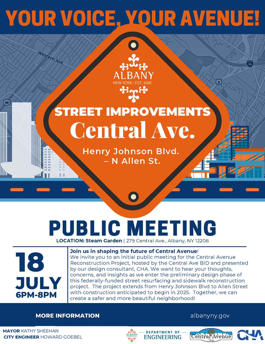AlbanyCentral's tweet photo. Final reminder: The Central Avenue Reconstruction Project public meeting is tonight July 18th from 6-8 PM at the STEAM Garden. #AlbanyNY 
#CentralAvenue #CityofAlbany https://t.co/IO7JJ15ywt