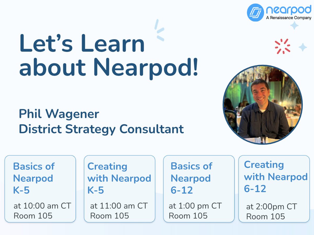 Hey, #JEFCOEDPowerEDUp! Let's 🚀ignite,💡innovate, and 🤝integrate with @Nearpod!

Join us in 👉Room 105 for these 🔥in-demand differentiated sessions.