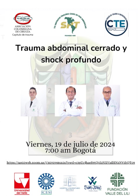 Panamtrauma's tweet photo. El grupo de Cirugía de Trauma y Emergencias CTE Cali los invita a participar de la actividad académica "Trauma abdominal cerrado y shock profundo"  Este viernes 19 de julio a las 7:00 am (Bogotá).
Para ingresar utilice el siguiente enlace:
https://t.co/FZ3kmXpBrC https://t.co/YXGhFt8Rim