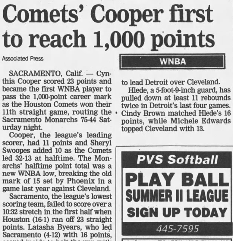 WBBTimeline's tweet photo. 26 years ago today Cynthia Cooper became the 1st player in WNBA history to score 1,000 points.
253 players have joined her in the 1,000-point club since, but Cooper is still fastest to 1K, getting there in just 45 games.
https://t.co/4nQc9YscDp https://t.co/7RJJIdcZ3W
