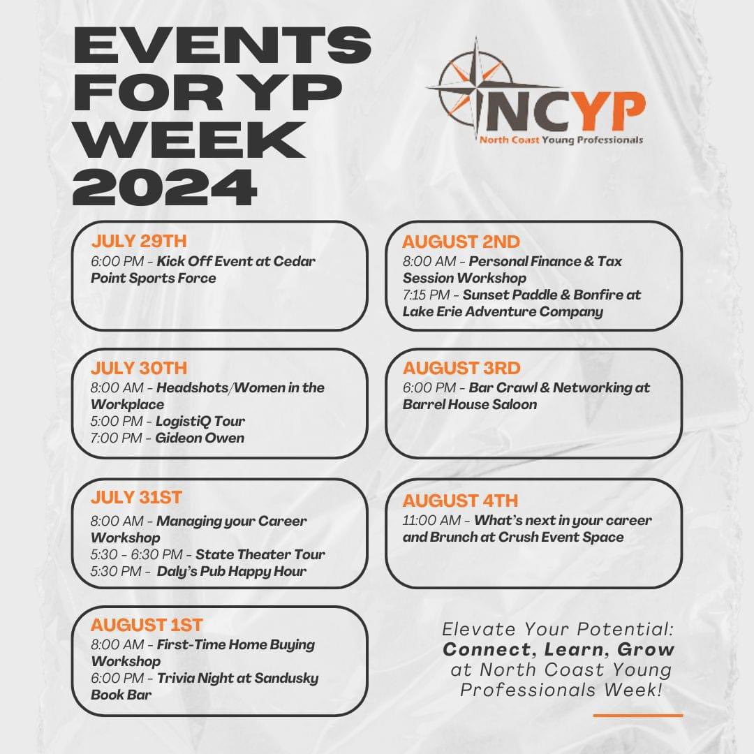 🌟 Exciting News! Registration for North Coast Young Professionals Week 2024 is NOW OPEN! 🌟Join us from July 29th to August 4th for seven days of networking, professional development, and fun! Sign up today!
