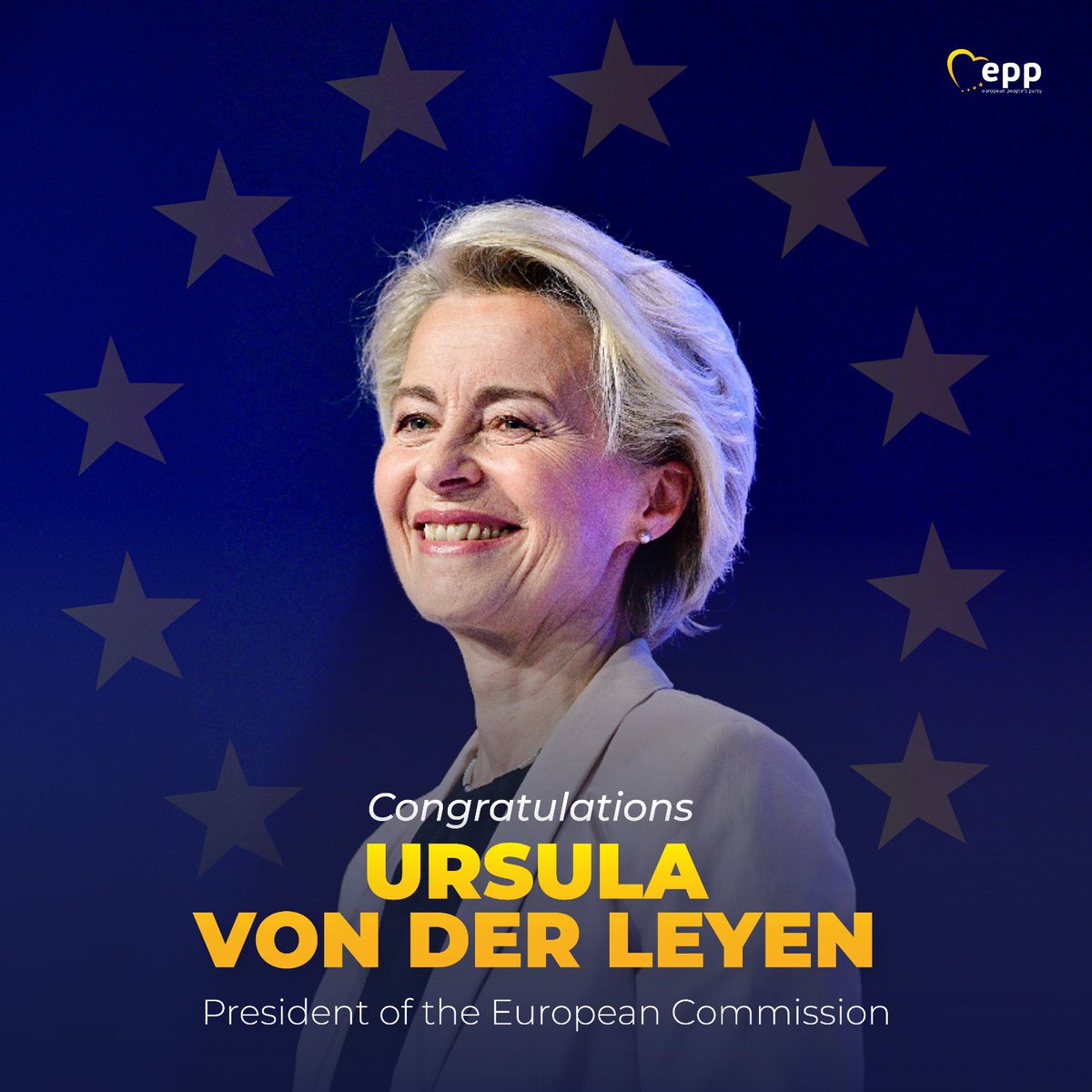 Congratulations to our lead candidate, <a href="/vonderleyen/">Ursula von der Leyen</a>, re-elected today in Strasbourg. As <a href="/EU_Commission/">European Commission</a> President, she will continue to lead Europe at this challenging time, providing pragmatic solutions for European citizens and upholding the values of our political family.