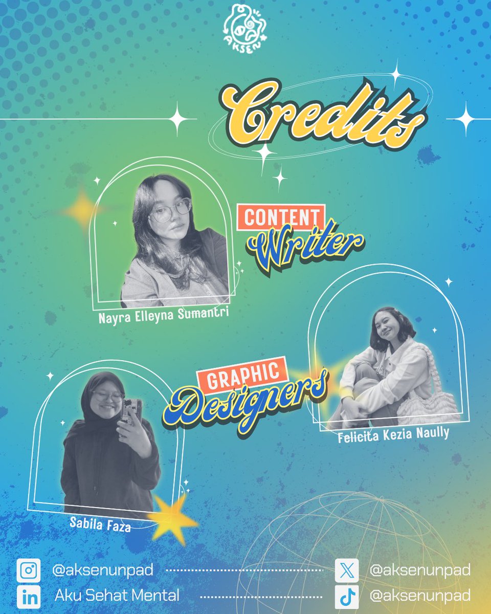 aksenunpad's tweet photo. Content Writer: Nayra Elleyna Sumantri
Graphic Designer: Felicita Kezya Naully, Sabila Faza
#POVAksen #SelfImage #DistortedSelfImage #ExtendReflectionBeyondPerception #AkuSehatMental #Aksen2024
Extend Reflection, Beyond Perception
Aksen 2024 https://t.co/yWzM4OwqCs
