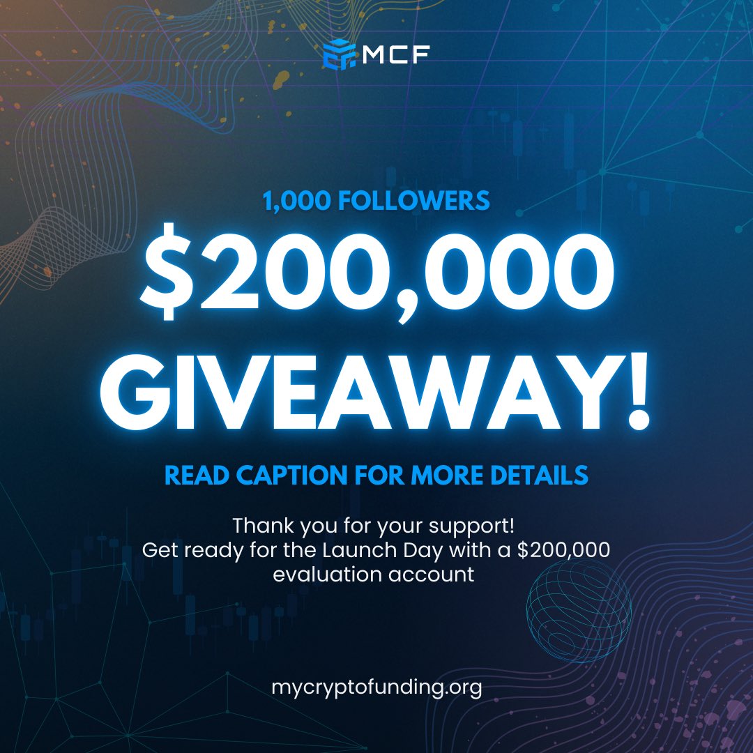 🎉 1K Followers Giveaway! 🎉

Earn a FREE $200K evaluation account! 🎁💰

To enter:

1️⃣ Follow <a href="/MyCryptoFunding/">My Crypto Funding</a>
2️⃣ Tag 3 friends in the comments 👫👬
3️⃣ Retweet this post
4️⃣ Join our Discord: discord.gg/XuhkG9Actr

The winner will receive the account on launch day! 🚀✨