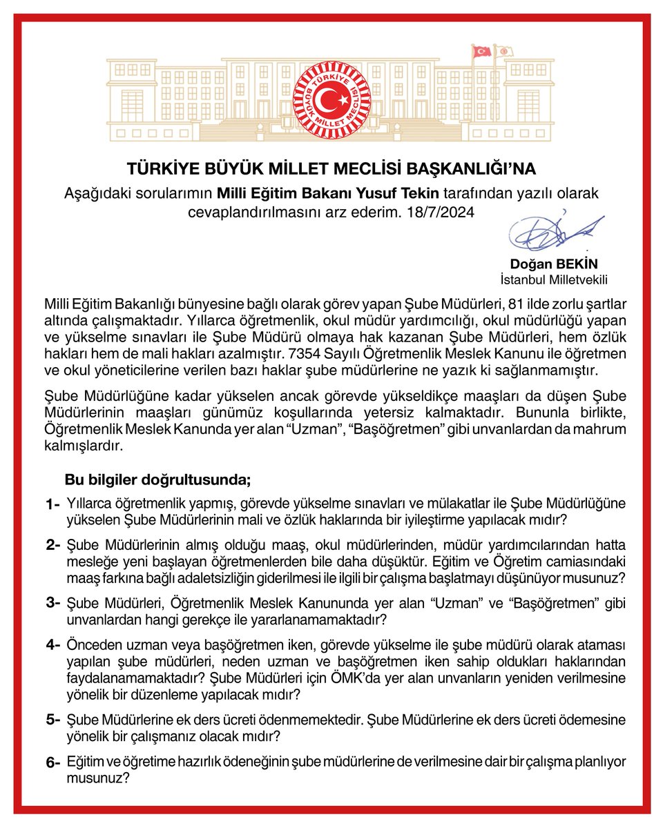 rprefahpartisi's tweet photo. MEB Şube Müdürlerinin özlük hakları ve maaş haklarına ilişkin soru önergesi Genel Başkan Yardımcımız ve İstanbul Milletvekilimiz Doğan Bekin tarafından TBMM'ye sunulmuştur. https://t.co/dHaGDq2HF1
