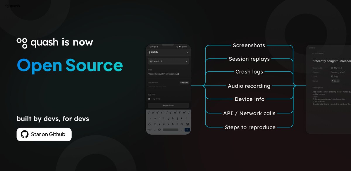 helloquash's tweet photo. Exciting news! Quash is now Open Source! ๐
๐ Free for all developers
๐ป Customizable
๐ Streamlines bug tracking
๐ค Join our community
GitHub : https://t.co/zNJMzQZzkZ
Docs : https://t.co/lmhoHOEkFS
#OpenSource #BugReporting #DeveloperTools https://t.co/ssi7h5a51U