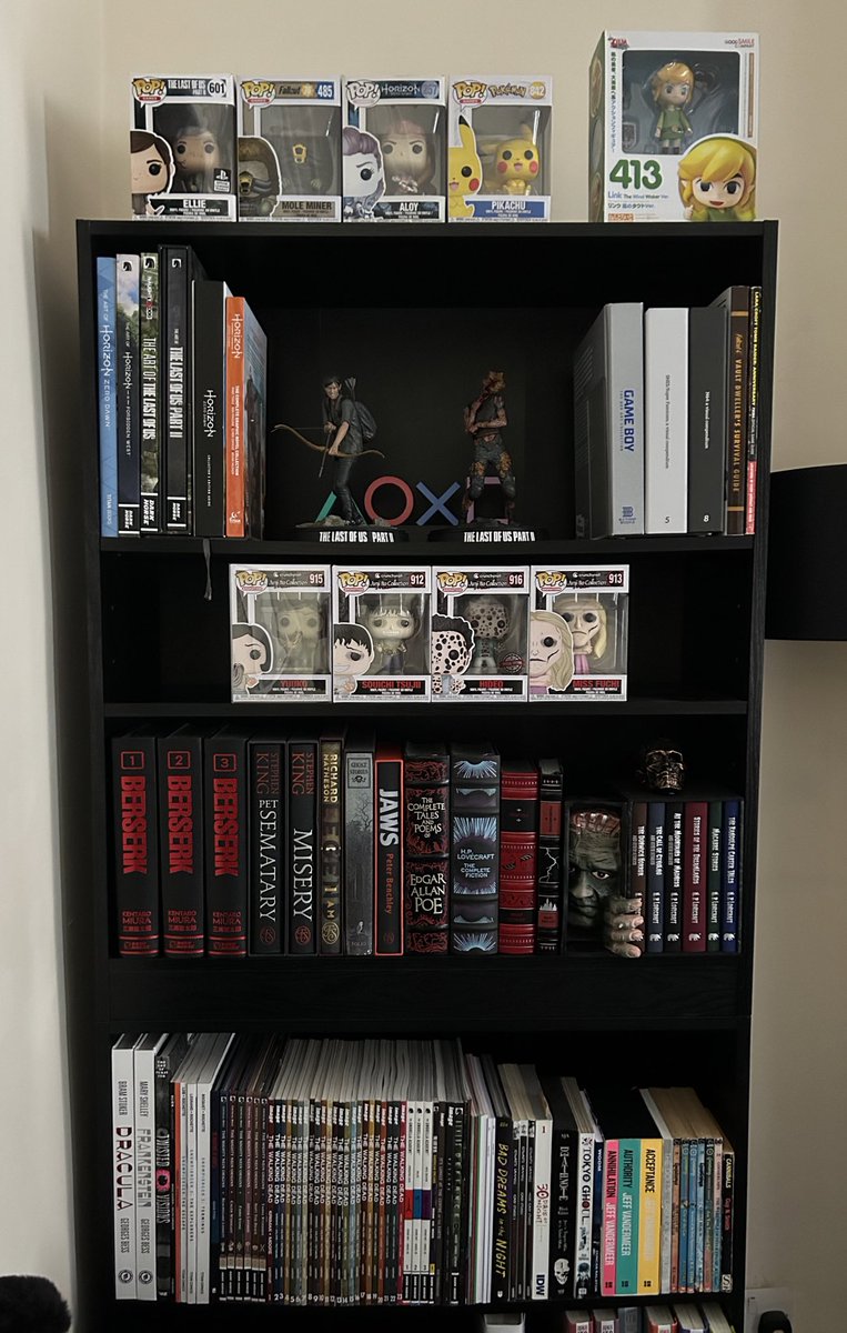 Living room shelf is looking nerdy as fuck! #horrorbooks #TheLastOfUs