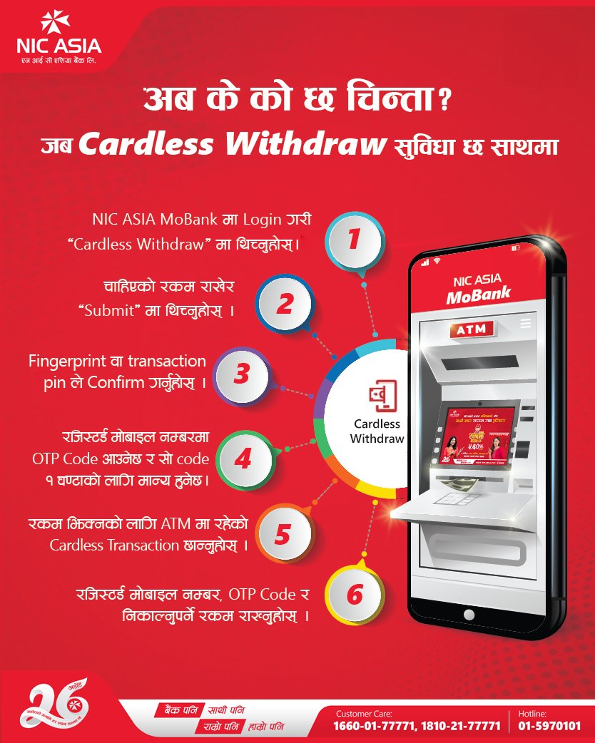 NICASIABank's tweet photo. NIC ASIA MoBank को ‘Cardless Withdraw’ प्रयोग गरी अब चेक/ ATM कार्ड बिना नै NIC ASIA Bank को ATM बाट छिटो, सहज र सुरक्षित तरिकाले नगद रकम निकाल्नुहोस् ।
👉 Download MoBank App: https://t.co/1PxMtKVr36
#NICASIABank #DigitalFirst #MoBank #Cardlesswithdraw https://t.co/FvGHBKcMk5