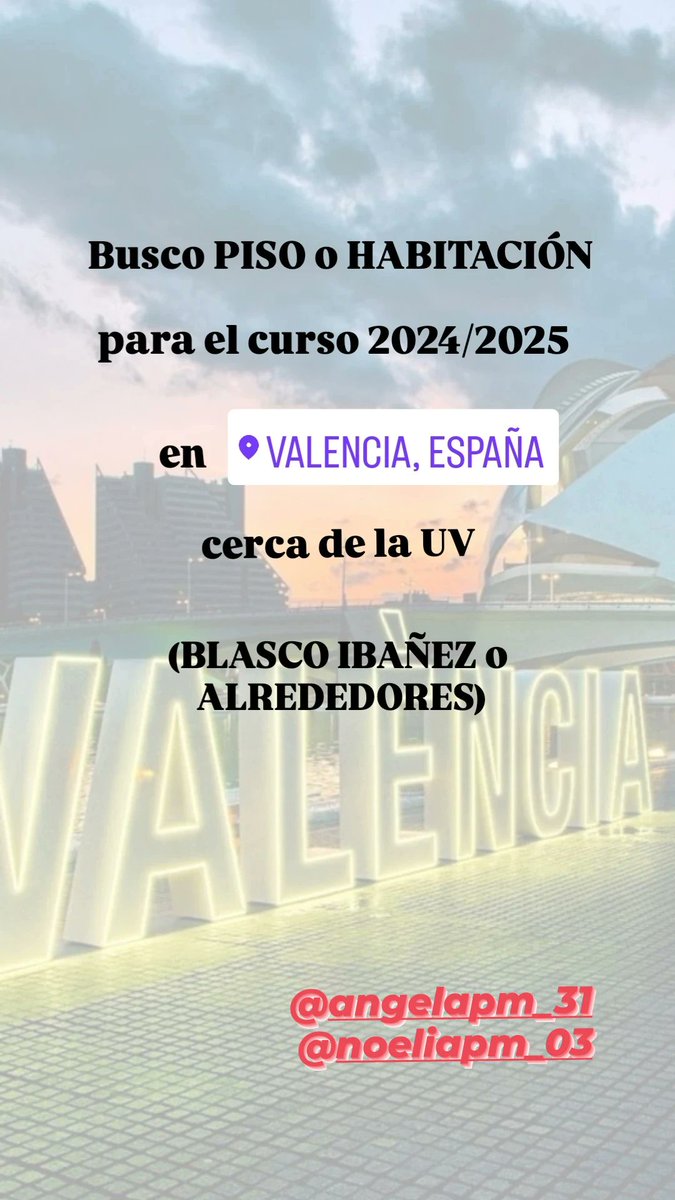 Noeliapm_03's tweet image. Mi hermana empieza el curso que viene (2024/2025) primero de carrera en la Universidad de Valencia y está buscando piso o habitacion, preferiblemente cerca de la UV (Blasco Ibañez o alrededores) ‼️📩 #queydondeestudiar2024 #piso #pisouv #pisoestudiantes #universidaddevalencia