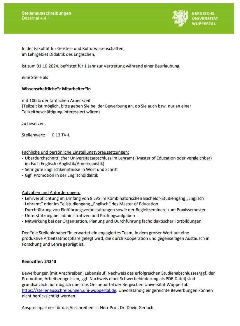 Stelle für eine WiMi (100%, 1 Jahr zur Vertretung) in der Englischdidaktik <a href="/Uni_Wuppertal/">Bergische Universität Wuppertal</a> - bitte teilen! …ellenausschreibungen.uni-wuppertal.de