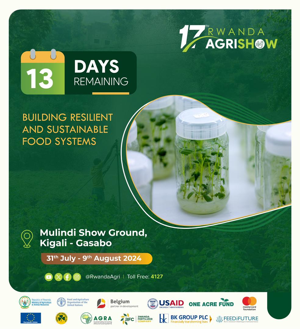 🚨 COUNTDOWN: Just 13 Days Left! 🚨
#RwandaAgriShow2024  offers an unequalled opportunity to leverage the showcasing of agricultural technologies and innovations ,access to finance and entrepreneurship  to fast track agriculture sector transformation.
 #AgInfluencersRw