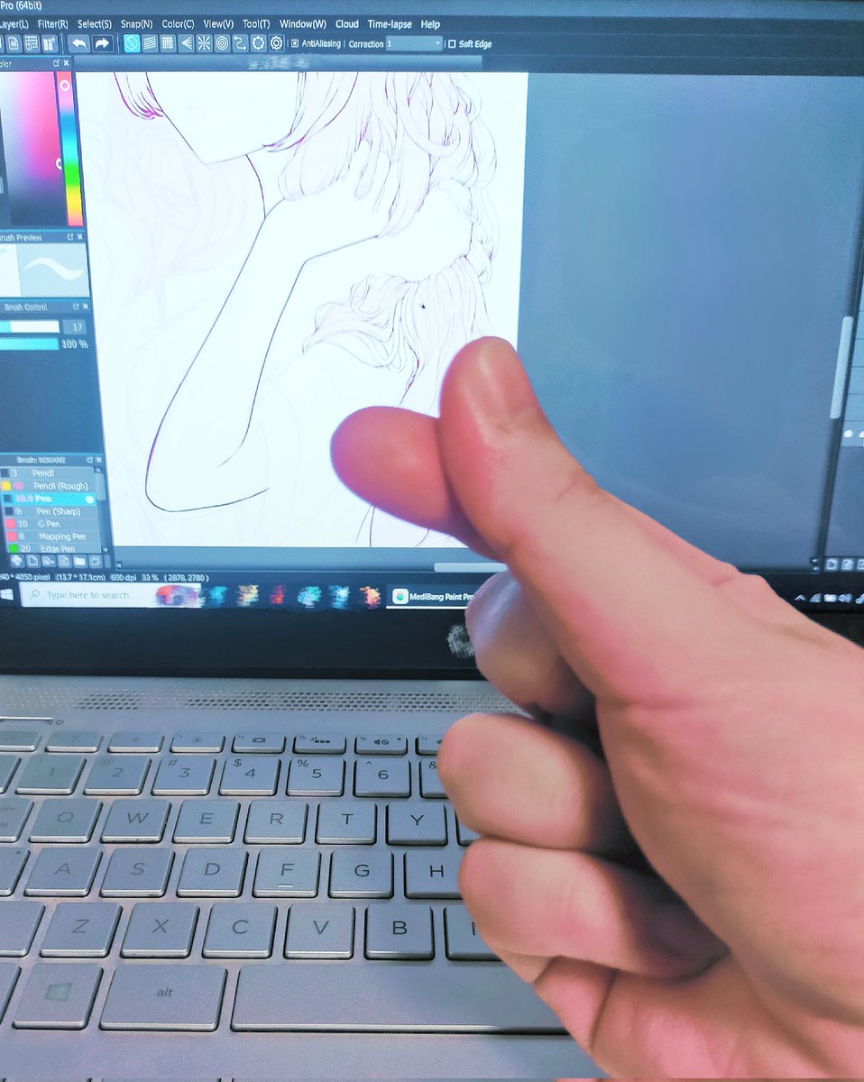 Thatcchi's tweet image. I got my ass kicked by a flu but I'm 70% better now. Here's a pic of what I'm drawing, second pic is my Elden Ring character because... why not. (Why didn't you just take a screenshot of your drawing?) Because I wanted to send you my love, silly 😘❤️. Anyway bye— 🏃💨