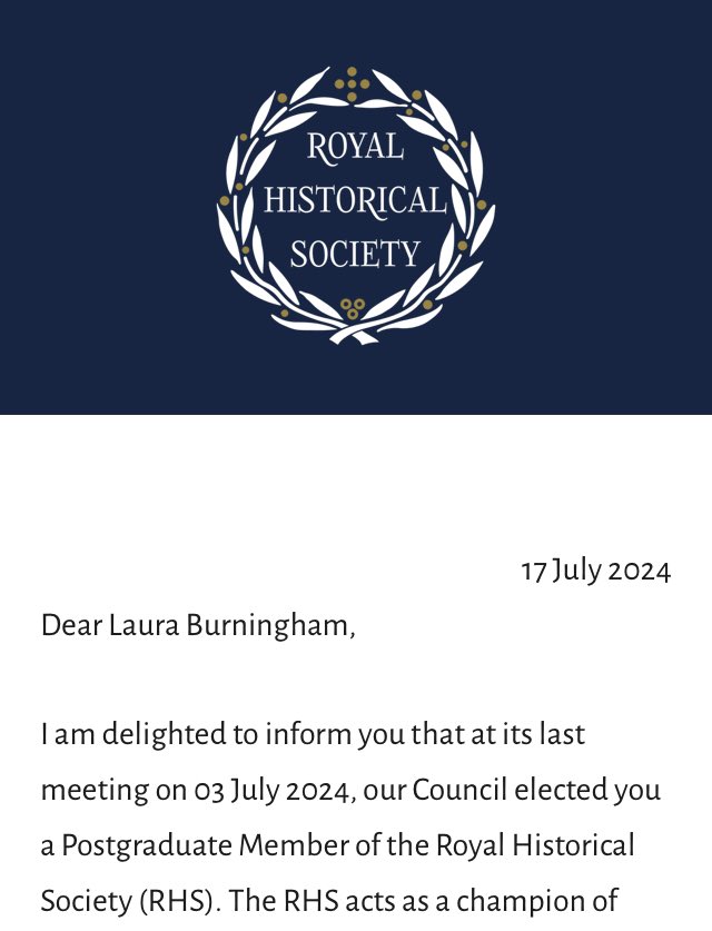 LauraBurningham's tweet photo. Delighted to have been elected as a Postgraduate Member of the @RoyalHistSoc and join such a fantastic community of scholars that champion the study of history ☺️🥳 https://t.co/VVvsneeU2o