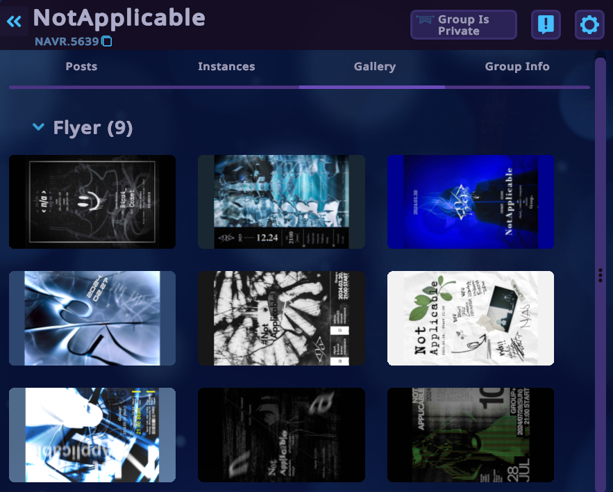 #NotApplicable_VR
グループ内のギャラリーに過去のフライヤーを載せました。是非御覧ください。

VRC Group
vrc.group/NAVR.5639