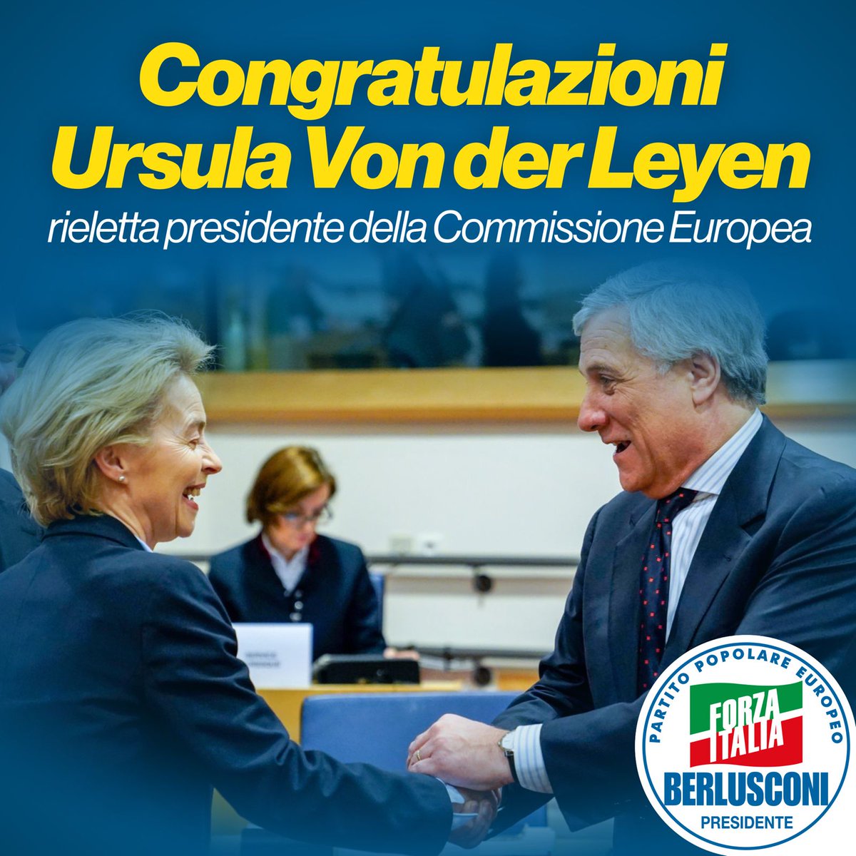 forza_italia's tweet photo. Congratulazioni alla rieletta presidente della Commissione Europea, Ursula von Der Leyen. https://t.co/Yu8e3eIbsr