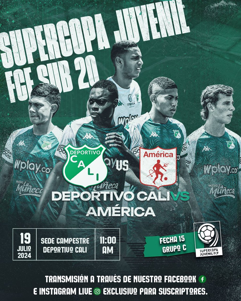 DepCaliCantera's tweet photo. 🔥 Supercopa Juvenil FCF Sub 20 🏆

🆚 América
🗓️ 19.07.2024
⌚️ 11:00 am
🏟️ Sede Campestre Deportivo Cali
📺 Transmisión a través de Facebook e Instagram Live Deportivo Cali. Exclusivo para suscriptores.

#VamosCali🇳🇬 
#CanteraVerdiblanca https://t.co/V3vpE8nSHB
