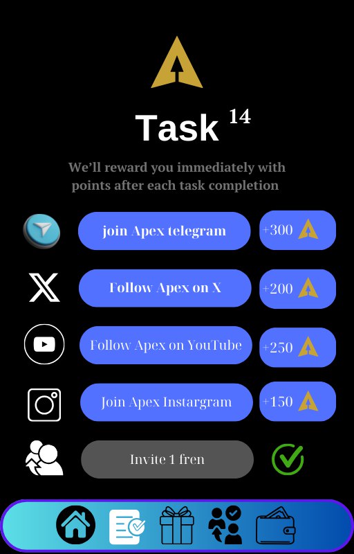 ApexLuminary's tweet photo. 💼 In the Task tab, you will complete various tasks to earn points. You can convert points into cryptocurrency or hold them for our airdrop! 🚀

#TaskRewards #CryptoEarnings #Airdrop #EarnCrypto https://t.co/B7y0ErHeuN