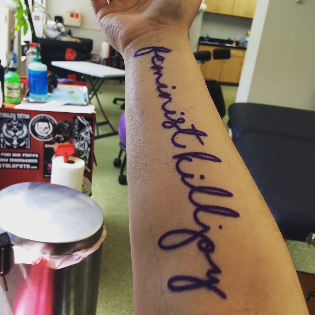 BlueLegare's tweet photo. I got “feminist killjoy” tattooed on my forearm many years ago as a reminder and a promise to always be an ugly feminist. ✊ https://t.co/9GkBtCZ3ub