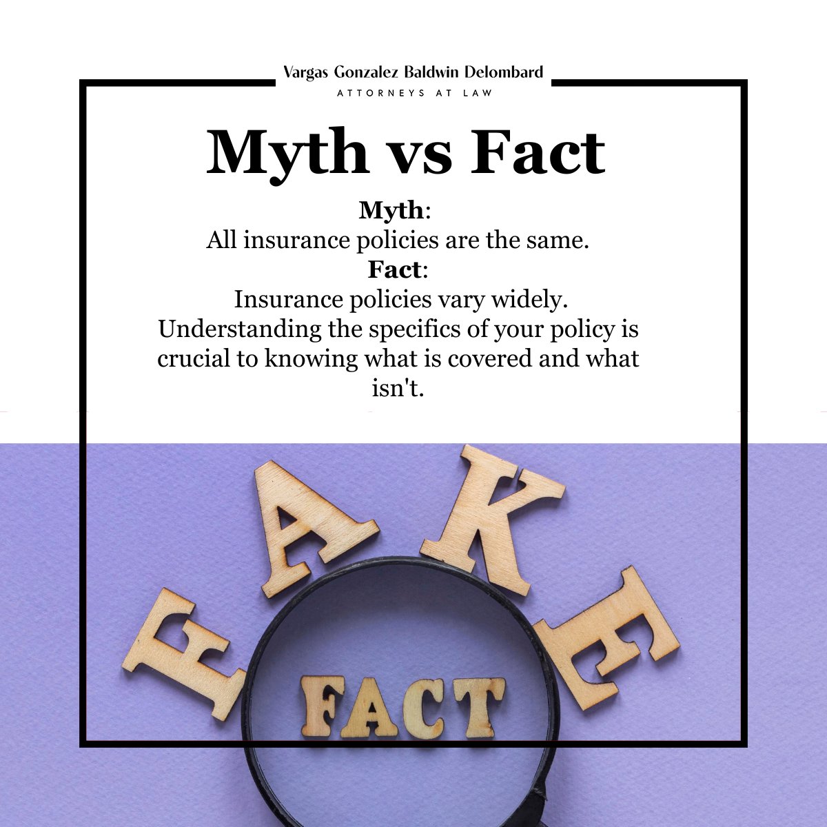 VGD_Law's tweet image. Myth vs. Fact! 

Myth: All insurance policies are the same. 🤔

Fact: They’re not! Policies vary widely. Know what’s covered and what isn’t. 

#InsuranceTruth #KnowYourPolicy #myth #facts #law
