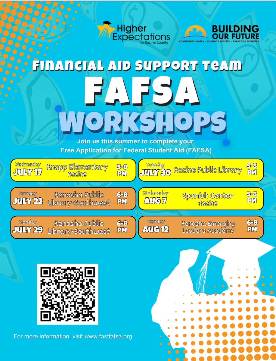It’s not too late to complete the FAFSA!
 
𝐊𝐞𝐧𝐨𝐬𝐡𝐚 𝐄𝐯𝐞𝐧𝐭𝐬:
Mon, July 22: Kenosha Library-Southwest, from 6-8 PM
Mon, July 29: Kenosha Library-Southwest, from 6-8 PM
Mon, August 12: Kenosha Emerging Leaders Academy, 2222 63rd Street, from 6-8 PM
