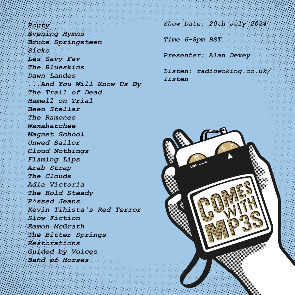 ComesWithMP3s's tweet photo. This Saturday from 6pm BST on @RadioWoking your host @alandevey presents some of his favourite music, old &amp; new, featuring tracks by @unwedsailor @ThePissedJeans @eveninghymns @cloudnothings @dawnlandes @beenstellar @adiavictoria @eamonmcgrath @Restorations @ArabStrapBand ... https://t.co/EVnLJGfDEH