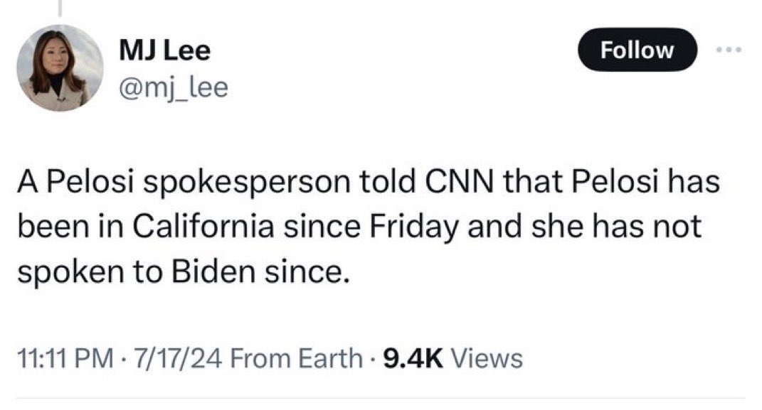 Grania64156311's tweet photo. Media says Pelosi marched her heels to the White House & had a sit down with the President. Her office says otherwise.
DO NOT BELIEVE THE MEDIA.
#WeBackBidenHarris2024 #OurPrimaryVotesCount
@RepJeffries @SenSchumer @SpeakerPelosi @harrisonjaime @RepJamesClyburn @POTUS @VP https://t.co/dWjMiQYZER