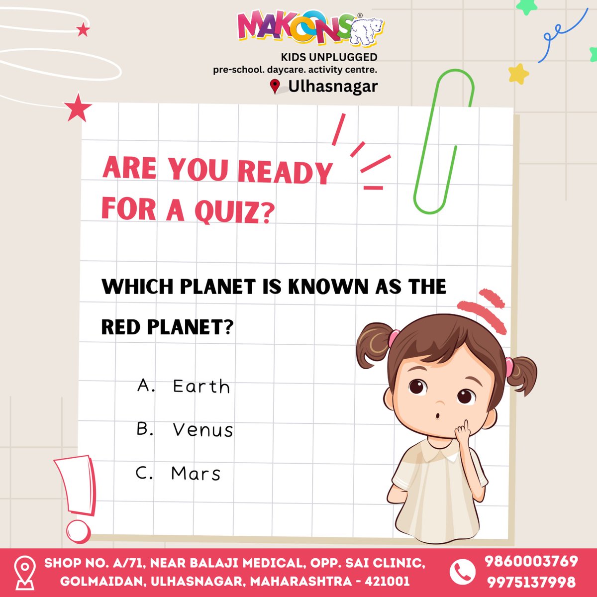 Makoonsulhasngr's tweet image. Get ready to put your knowledge to the test! 🧠📝
.
.
📞 For Admission enquiry, Call us at 9860003769. Join the excitement and be part of our growing family! 🌱🤗

📍 Location: Shop No. A/71, near Balaji Medical, opp. Sai Clinic, Golmaidan, Ulhasnagar, Maharashtra 421001