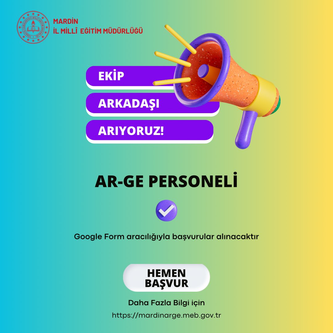 📣2024-2025 eğitim öğretim yılında Müdürlüğümüz <a href="/mardinarge/">Mardin İl MEM AR-GE</a> biriminde projeler yazıp bu projelerde çeşitli görevler alabilecek çalışma arkadaşları arıyoruz. 

🔗Görev almak isteyen öğretmenlerimiz,  aşağıdaki linkten başvuru yapabilir:

docs.google.com/forms/d/e/1FAI…

<a href="/mardinilmem/">Mardin İl Millî Eğitim Müdürlüğü</a>