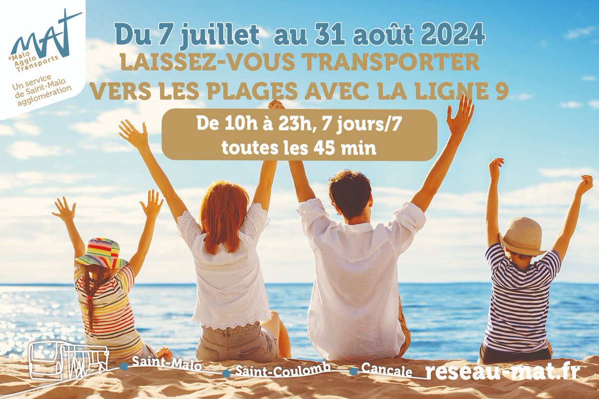 ☀️Aujourd'hui, profitez du soleil et de la chaleur pour aller à la plage en bus ! 🏖️
🚍Un bus toutes les 45 minutes pour profiter des plages de Saint-Malo, Saint-Coulomb et Cancale