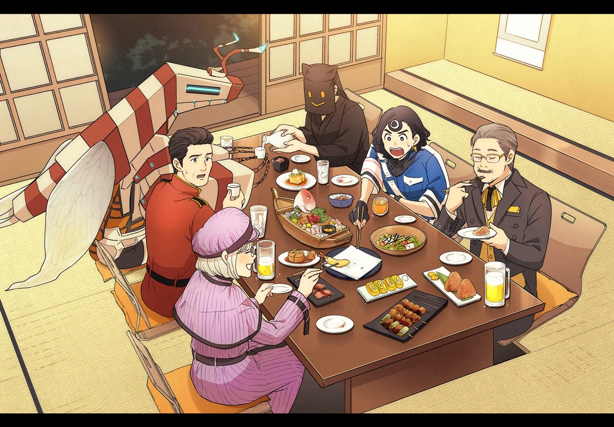 shake_draw's tweet image. 側近ずフルメンバーを1度描きたかったのでトウフの料亭で親睦会です 側近ず及びソッキンジャーの活躍、供給、まだまだお待ちしております!すみません上げ直しです🥲