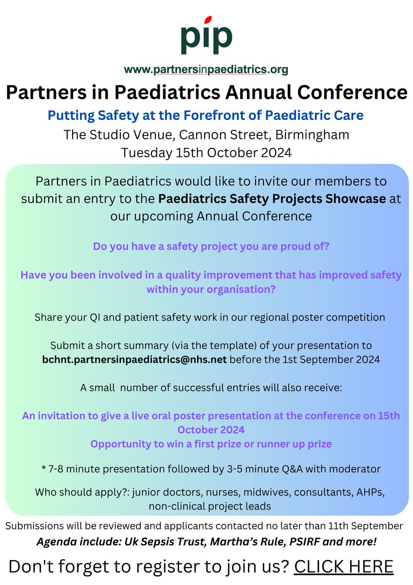 PiPforpaeds's tweet photo. Partners in Paediatrics would like to invite our members to submit an entry to the Paediatrics Safety Projects Showcase at our upcoming Annual Conference. 
Click here for the submission form https://t.co/0jJC20op03 https://t.co/gVbevm377Q