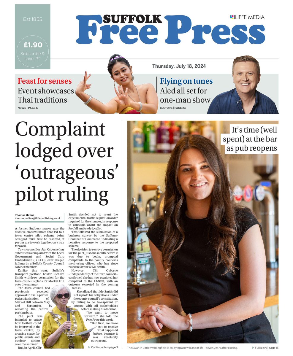 Today's <a href="/SFPSudbury/">Suffolk Free Press</a> leads on the latest challenge to a ruling barring a summer trial on Sudbury's Market Hill, plus news of a new banking hub approved for #Hadleigh, a successful relaunch of The Swan in Little Waldingfield and a feature on a former long-haul pilot.