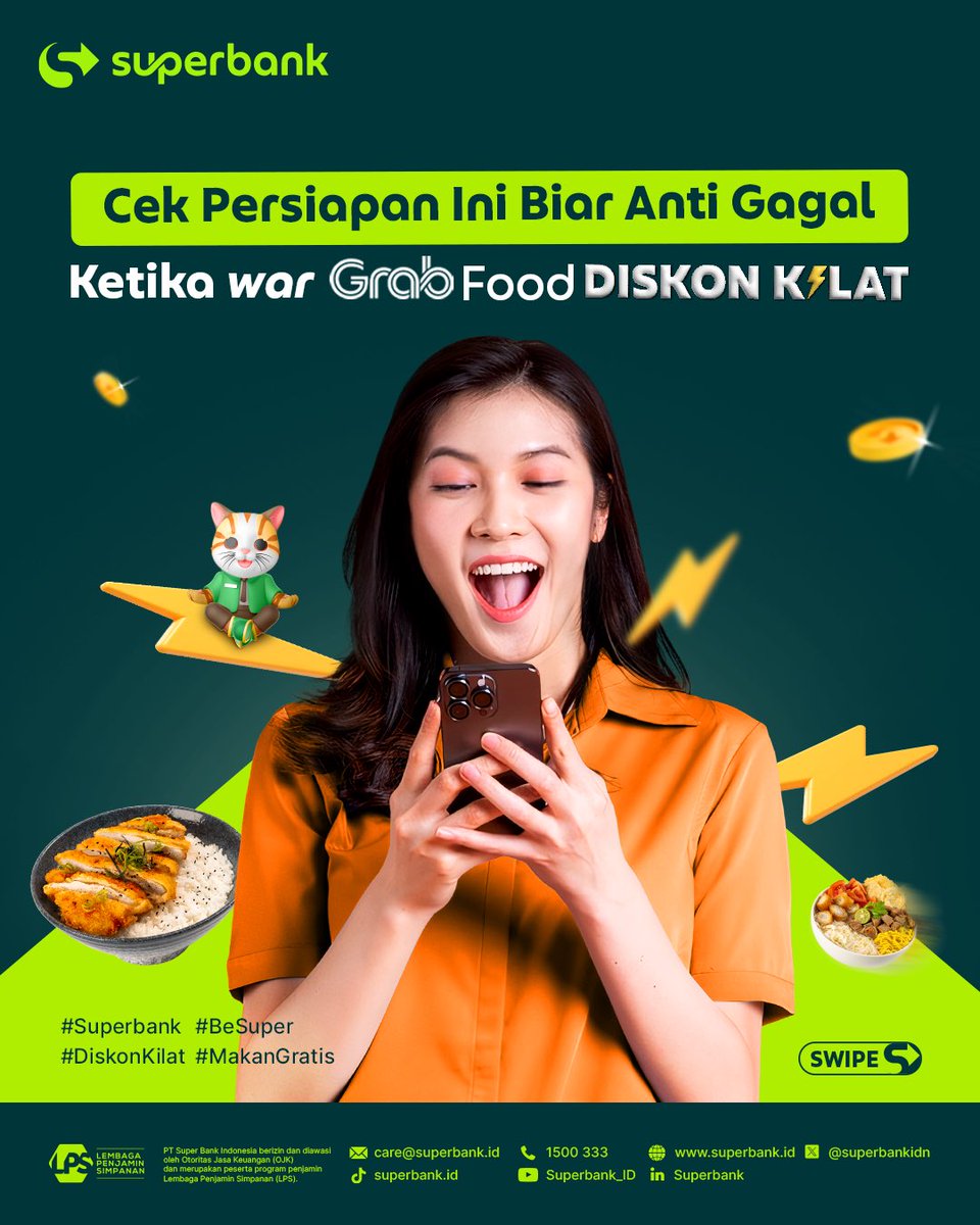 superbankidn's tweet photo. 2 Hari menuju diskon kilat!⚡️

Mending Super Friends cari tau persiapan war diskon kilatnya biar weekend nanti bisa makan gratis! 🥳

Yuk, buka rekening Superbank di @GrabID dan nikmati diskonnya!

#Superbank #BeSuper #SuperbankdiGrab #DiskonKilat #MakanGratis https://t.co/UVIZnHm82X