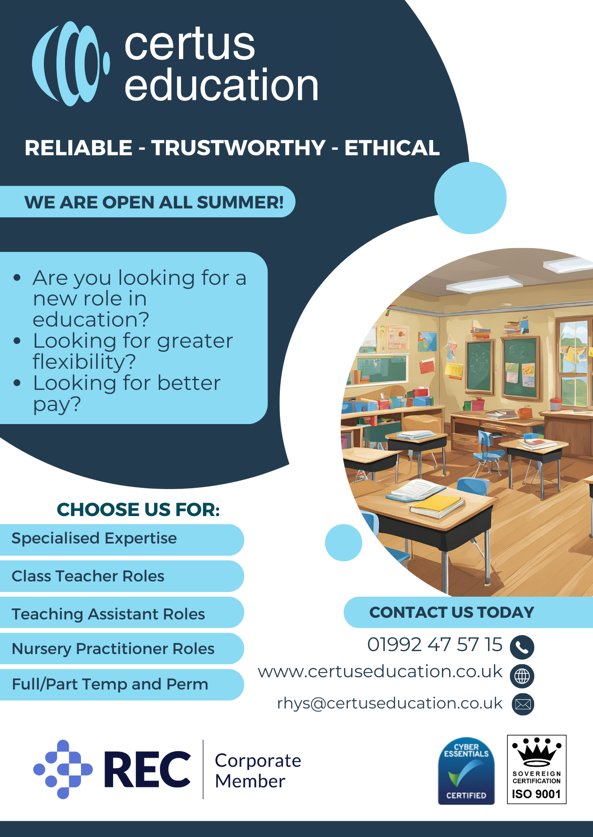 certuseducation's tweet photo. We are open all Summer! Why not give us a call, or even swing by the office for a coffee and a chat? We'd love to speak with you 😃 
#certuseducation #teacher #supplyteacher #supplyagency #teacher #educators #primaryschool #holidays  #lovemyjob #getintoteaching #hertfordshire https://t.co/psIGrcDxxW